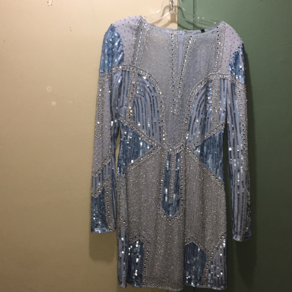 Sheer Plunge Shoulder Pad Embellished Dress